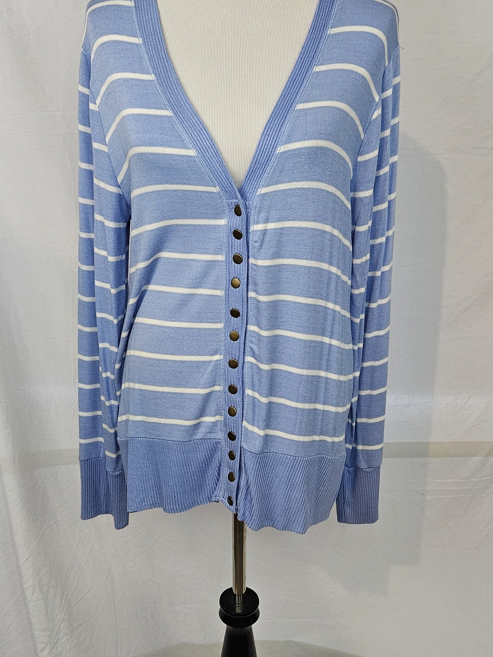 1x-Light Blue & White Striped V-Neck Button Cardigan Sweater